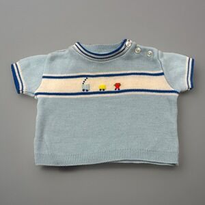 VTG Soft Spun Baby Boy Sweater 9 Mos Infant Blue Train Acrylic Japan